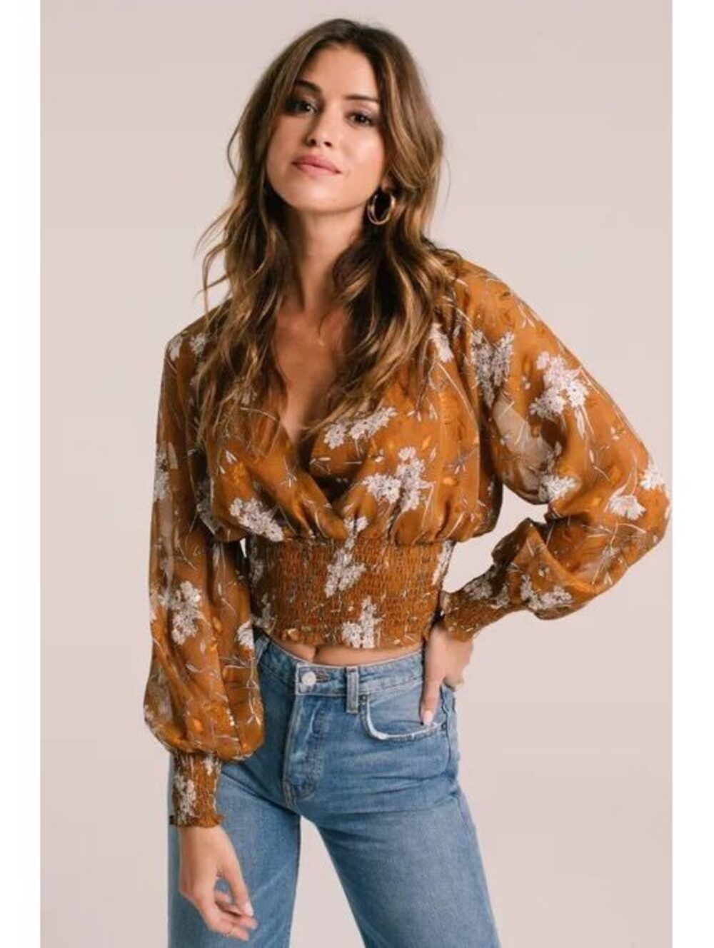 ASTR the Label Floral Wrap Blouse | Rust Orange | Smocked | M